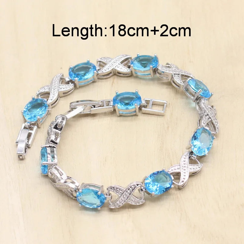 Sky Blue Semi-precious Silver Color Jewelry Sets with Bracelet For Women Necklace Pendant Earrings Ring Birthday Gift