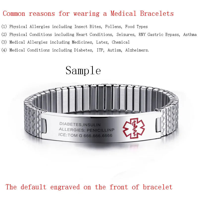 Stainless Steel Medical Alert Stretch Adjustable Wristband ID Bracelet Bangle for Women Custom Engraving