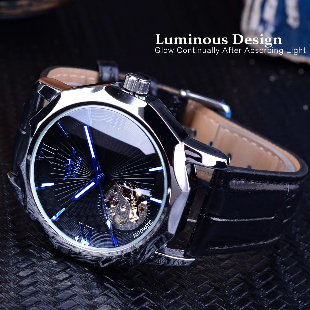 Winner Cool Ocean Geometry Design Transparent Skeleton Dial Mens Watch Top Brand Luxury Automatic Fashion Mechanical Watch Clock