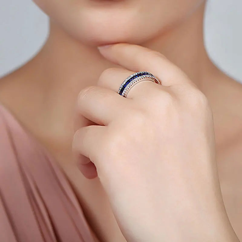 Silver Vintage Round Band Ring with Blue.