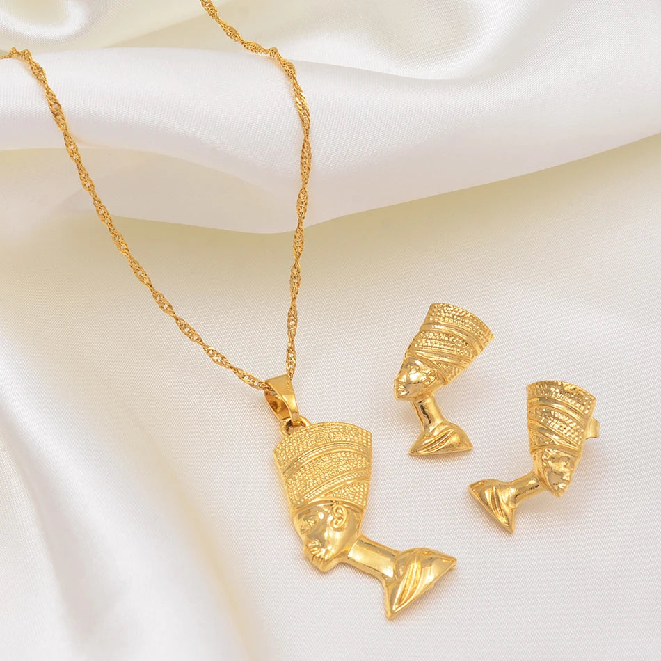 Egyptian Queen Nefertiti Pendant Necklace Earrings.