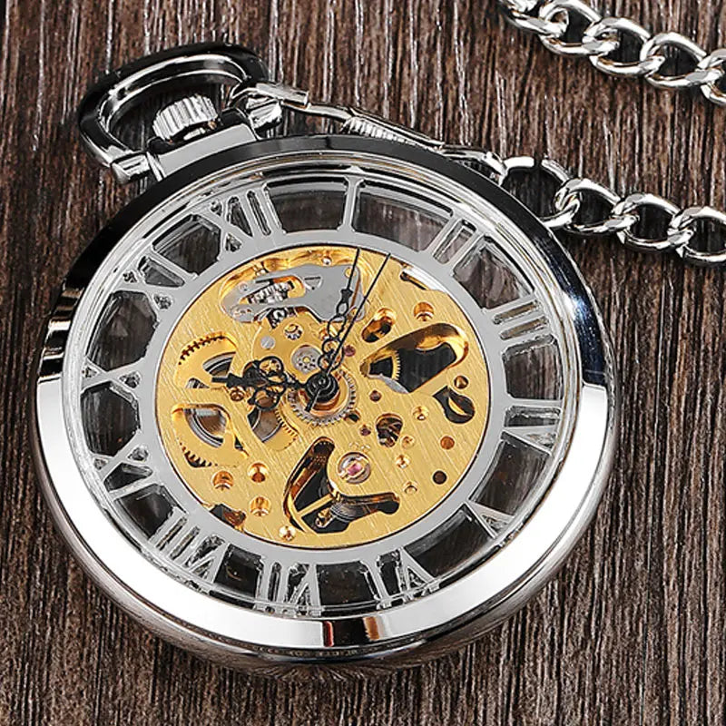 Retro Silver Transparent Mechanical Pocket Watch.