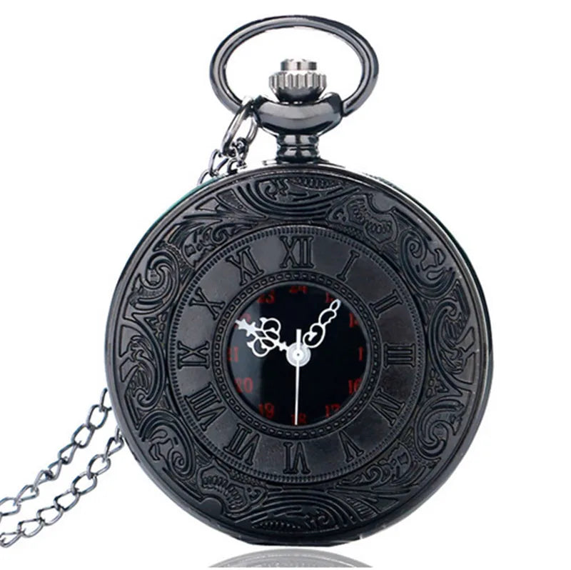 Black Pocketwatch Vintage CharmUnisex Fashion Roman Number Quartz Steampunk Pocket Watch Women Man Necklace Pendant with Chain