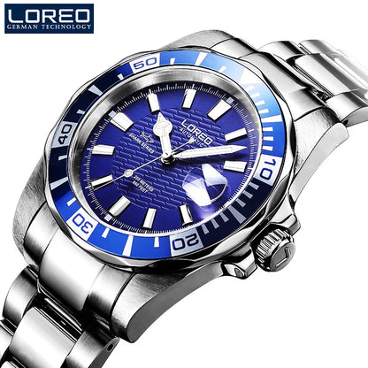 Diving Mens Watches Top Luxury Brand LOREO New Stainless Steel.