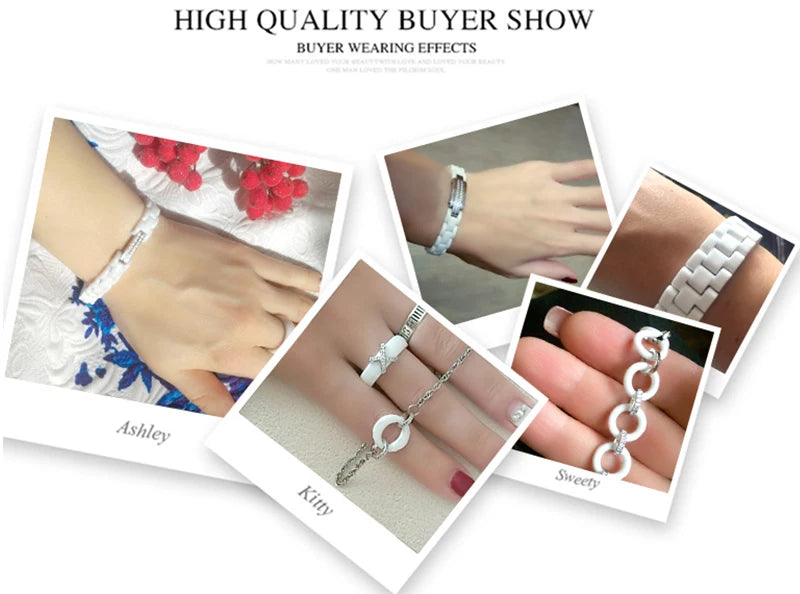 8MM Width New Ceramic Bracelets With Bling Rhinestone Good Quality Black White Ceramic Women Bracelet With Watch Chain For Women