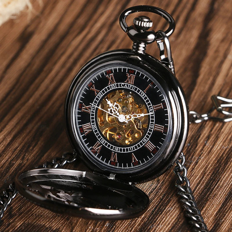 CAIFU Hand-winding Mechanical Pocket Watch Men Roman Numerals Exquisite Hollow Black Cranes Fob Watches Fashion Clock Gift Chain