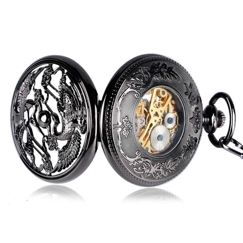 CAIFU Hand-winding Mechanical Pocket Watch Men Roman Numerals Exquisite Hollow Black Cranes Fob Watches Fashion Clock Gift Chain