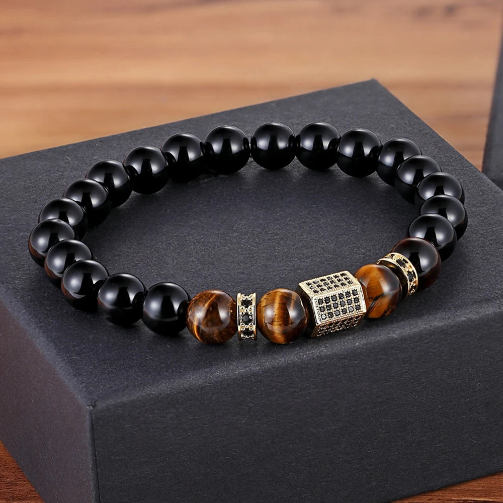 XQNI Matte Onyx Stone&Tiger Eye Combination Stitching with Cubic Zircon Hand Jewelry Beads Bracelet Elastic Stretch Men Bracelet