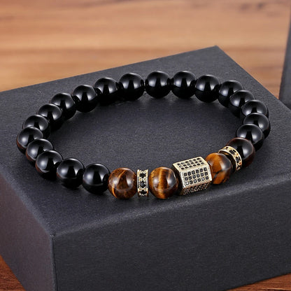 XQNI Matte Onyx Stone&amp;Tiger Eye Combination Stitching with Cubic Zircon Hand Jewelry Beads Bracelet Elastic Stretch Men Bracelet