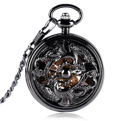 CAIFU Hand-winding Mechanical Pocket Watch Men Roman Numerals Exquisite Hollow Black Cranes Fob Watches Fashion Clock Gift Chain