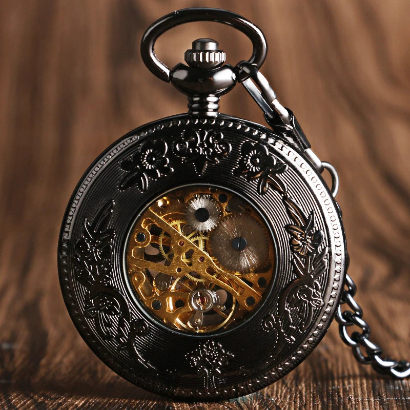 CAIFU Hand-winding Mechanical Pocket Watch Men Roman Numerals Exquisite Hollow Black Cranes Fob Watches Fashion Clock Gift Chain