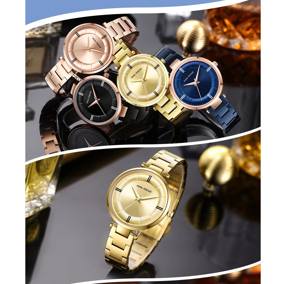 MINI FOCUS 2019 Fashion Elegant Ladies Watch Blue Stainless Steel Strap Rose Golden Bezel Top Brand Luxury Dress Women Watches