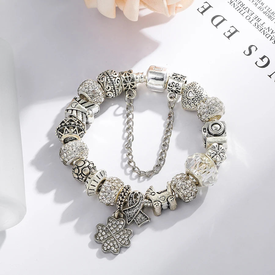 Dinglly Silver Color Beads Lucky Charm Bracelets For Women Original Streamer Crystal Beaded Bangle Fashion Jewelry Gifts