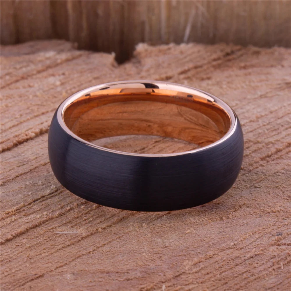 Fashion Black Brushed Dome Tungsten Carbide Ring Rose Gold Plating Men's Wedding Band