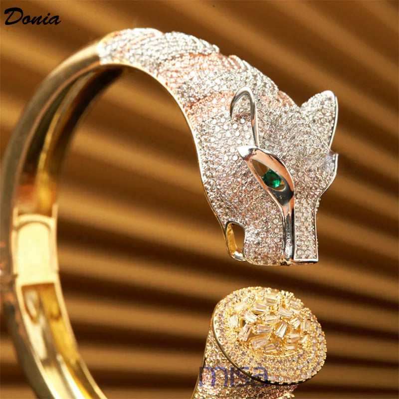 Donia Jewelry Europe and the United States high-grade copper inlaid AAA zircon bracelet Leopard head animal bracelet ring 2 set