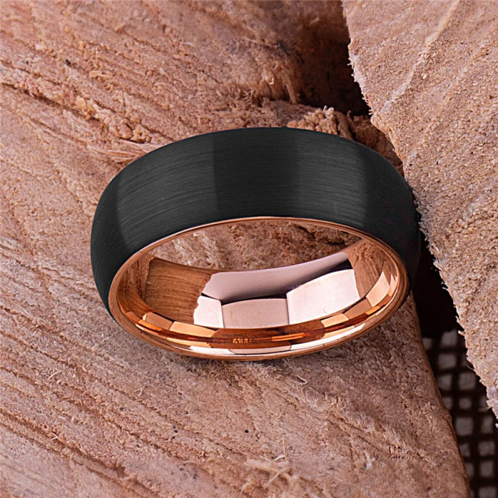 Fashion Black Brushed Dome Tungsten Carbide Ring Rose Gold Plating Men's Wedding Band