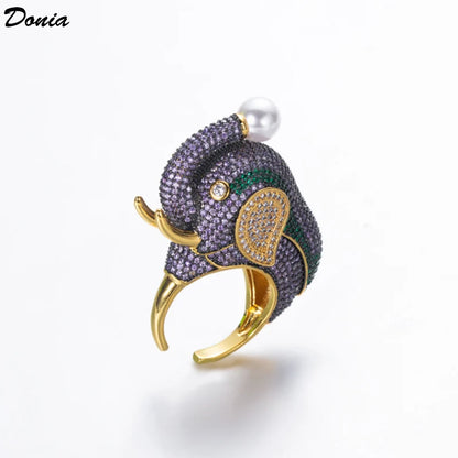 Donia jewelry Thai Pearl Elephant Shape Luxury Wedding Ring metal copper pave miro zirconia animal brdal rings jewelry