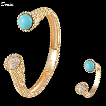 Donia Jewelry gold Simple square Beaded open-ended bangle and ring jewelry set fashion copper bangle everyone new year gifts