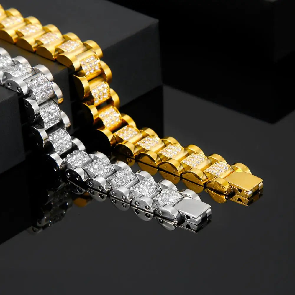 High Quality Zircon-Studded Men Hip Hop Bracelet Titanium Steel Shiny Chunky Chain Bracelet Gold/Silver Color