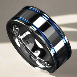 Men's Tungsten Carbide ring Double Blue Stripe Wedding Band Ring Comfort Fit Free Shipping