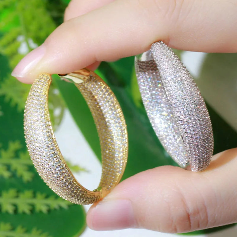 Zlxgirl jewelry Brand Dubai Gold color Micro Pave Cubic Zirconia Round Big Statement Hoop Earrings brand women's wedding earing