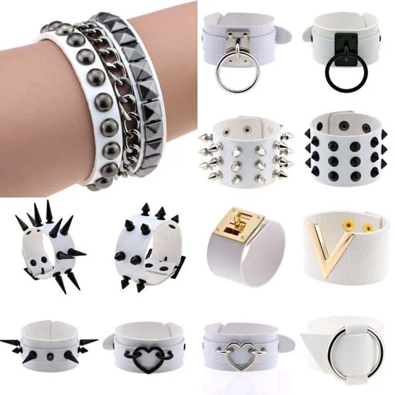 Punk Goth White PU Leather Bracelet Cuff Bangles Emo Spike Rivets Bracelets For Women Studded Halloween Boho Jewelry Gifts Party