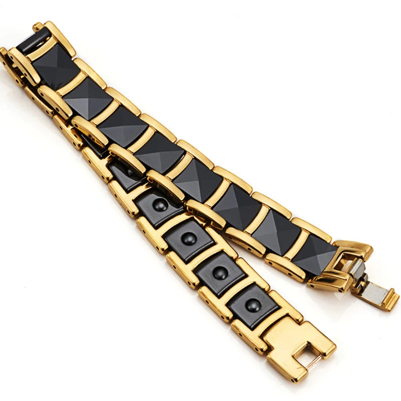 Luxury Gold Color Stainless Steel Ceramic Health Magnetic Therapy Bracelet for Men Pain Relief for Arthritis and Carpal Tunnel