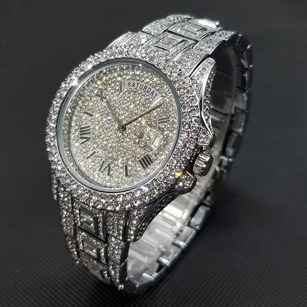 MISSFOX Diamond Mens Watches Luxury Silver.