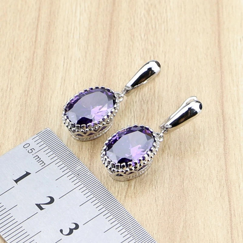 Oval Purple Zircon Stones Dangle Earrings Silver Color  Jewelry Drop Earring For Women Free Gifts Box