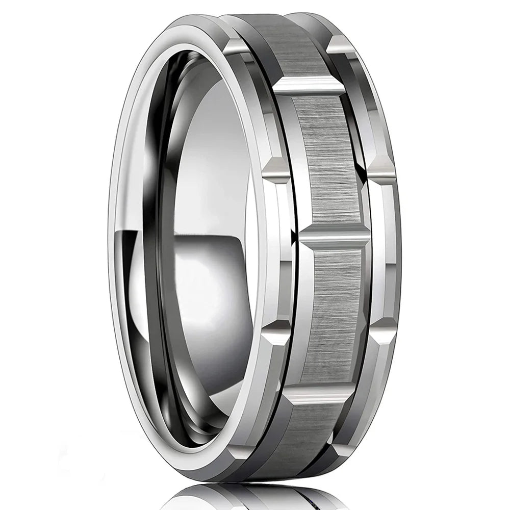 Modern Men 8MM Stainless Steel Ring Silver Color Brushed Double Groove Pattern Men&