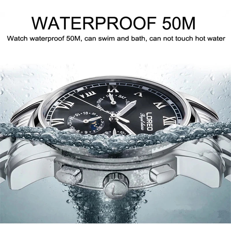 LOREO Top Brand Luxury Sapphire Waterproof Stainless Steel Watch.