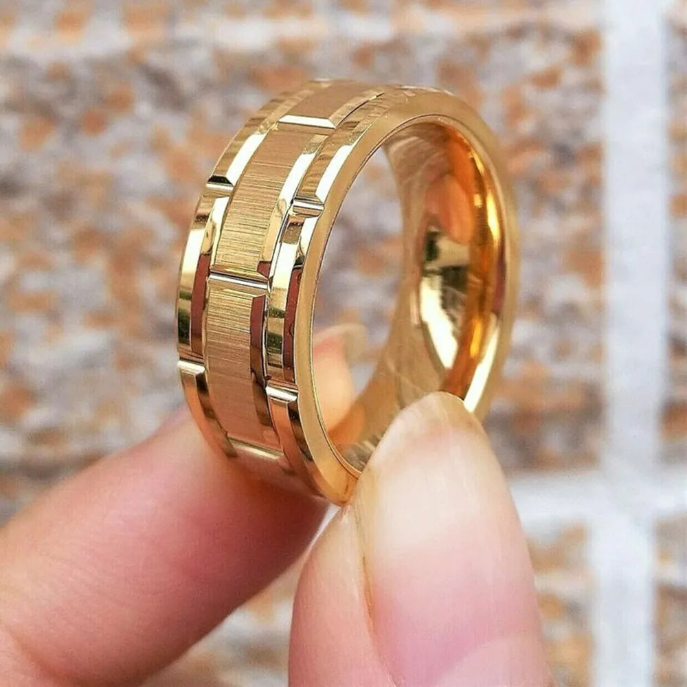 Men's Fashion Simple Tungsten Carbide Gold Color Grooved Ring Mens Engagement Wedding Band Party Anniversary Gift Jewelry