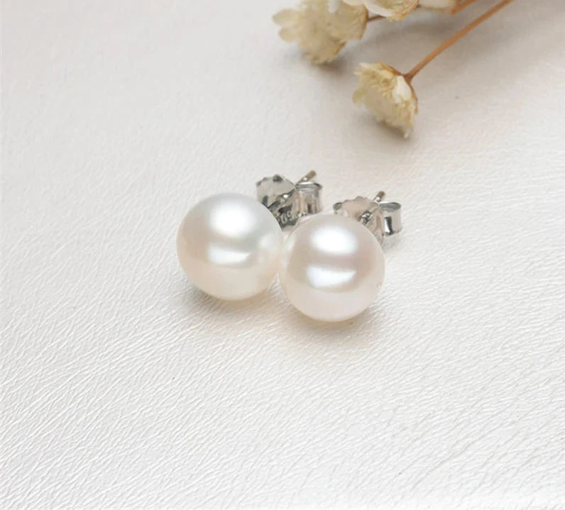 Silver Pearl Stud Earrings - Natural Freshwater.