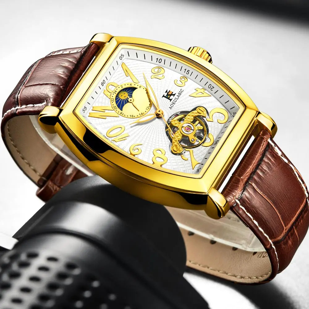 AOKULASIC Moonphase Gold Tonneau Tourbillon Automatic.