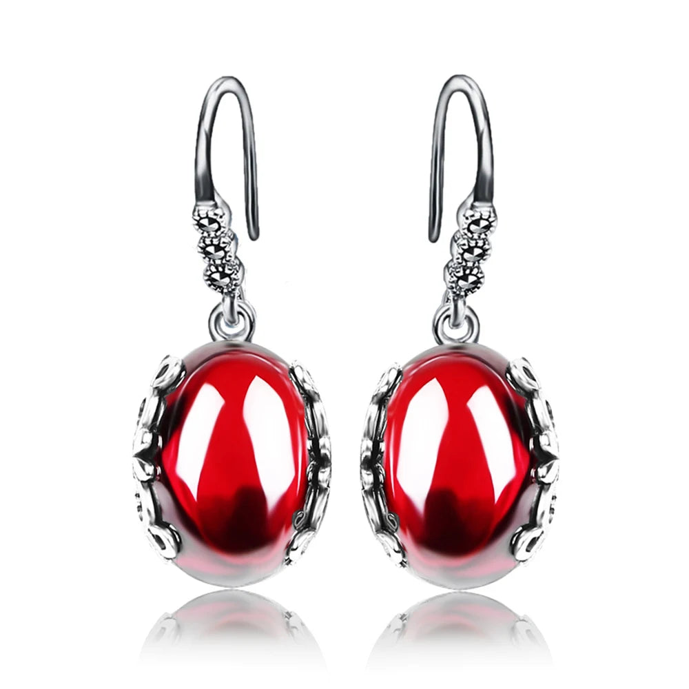 Retro Silver Earrings for Women Vintage Red Yellow Precious Stones with 925 Sterling Silver indian Jewelry pendientes