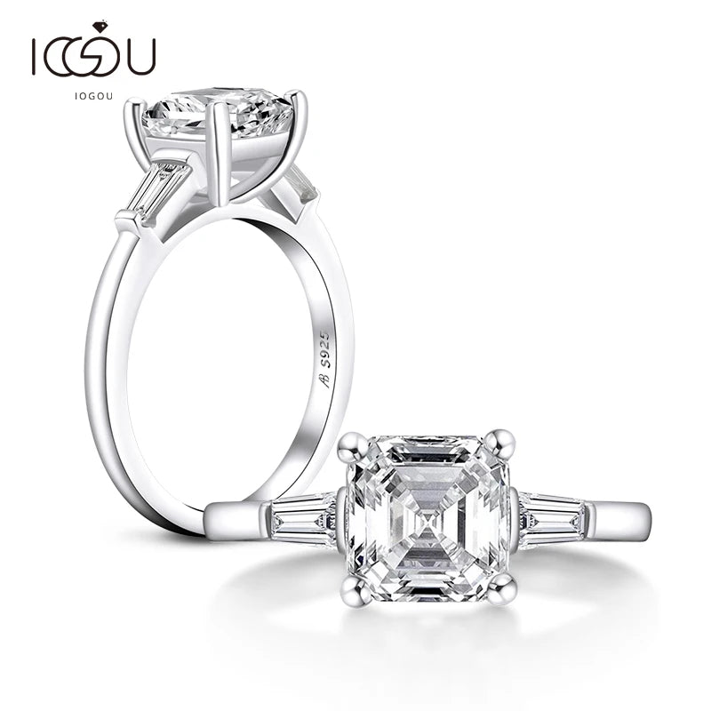 IOGOU Luxury 3 Carat Asscher Cut Sona Ring For Women Engagement Wedding Band Ring 925 Sterling Silver Female Jewelry Round Rings