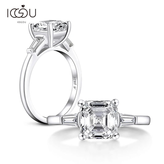 IOGOU Luxury 3 Carat Asscher Cut Sona Ring For Women Engagement Wedding Band Ring 925 Sterling Silver Female Jewelry Round Rings