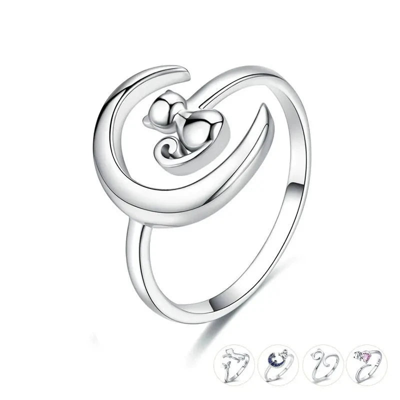 Silver Moon Cat Finger Rings for Women.