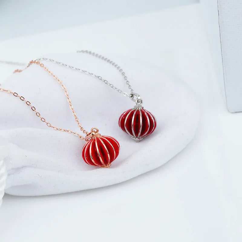 BONLAVIE S925 Sterling Silver Red Lantern Necklace Female Clavicle Chain City Chinese Style  New Year Accessories