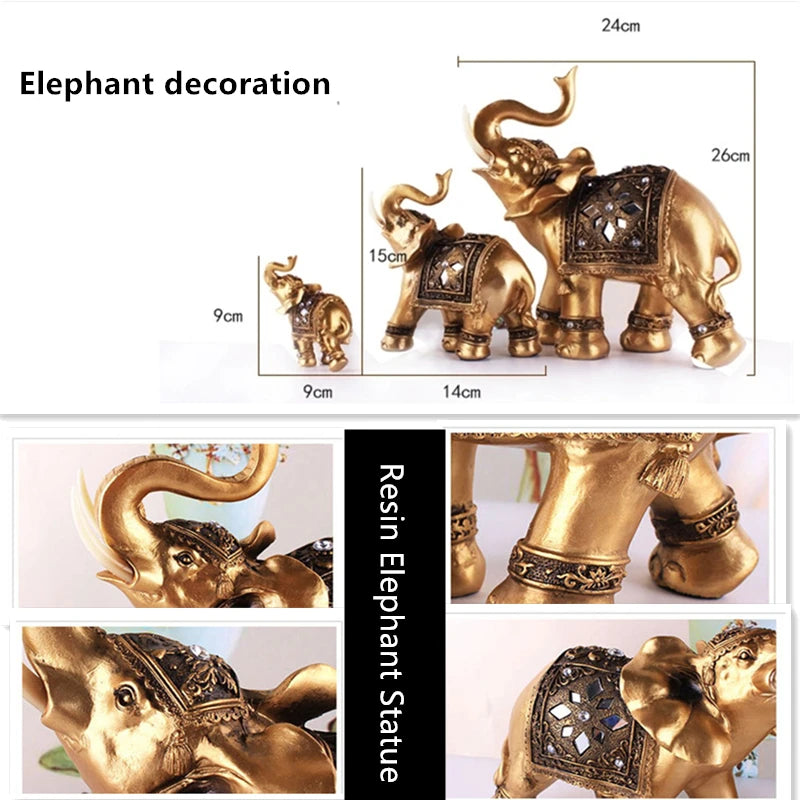 Golden Resin Elephant Statue Feng Shui Elegant Elephant Trunk Sculpture Lucky Wealth Figurine Crafts Ornaments For Home Decor