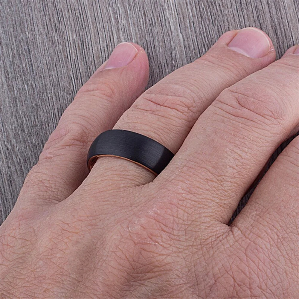 Fashion Black Brushed Dome Tungsten Carbide Ring Rose Gold Plating Men's Wedding Band