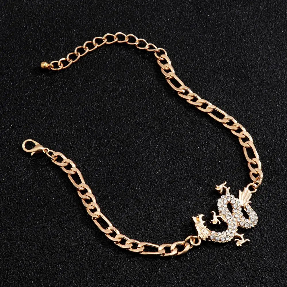 PuRui Kpop Luxury Crystal Dragon Pendant Bracelet for Women Men Gold Color Metal Cuban Link Chain Bracelet Unisex Wrist Jewerly