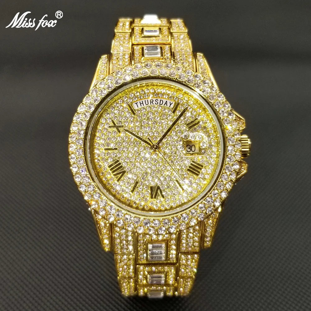 MISSFOX Diamond Mens Watches Luxury Silver.