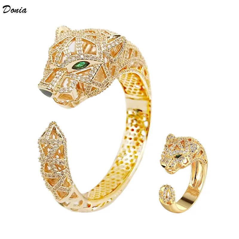 Donia jewelry European and American luxury hollowed out leopard bracelet ring with classic bracelet and zircon animal jewelry