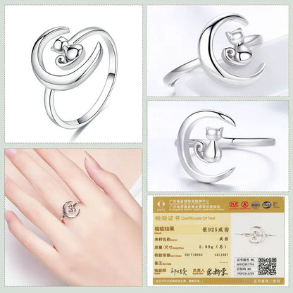 Silver Moon Cat Finger Rings for Women.