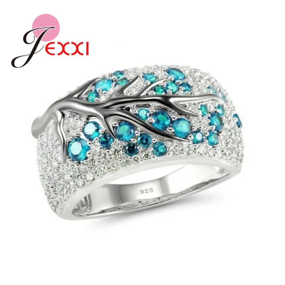 Fantastic Solid 925 Sterling Silver Austrian Crystal Finger Rings Colorful Tree Original Design for Men Women Couple Jewelry