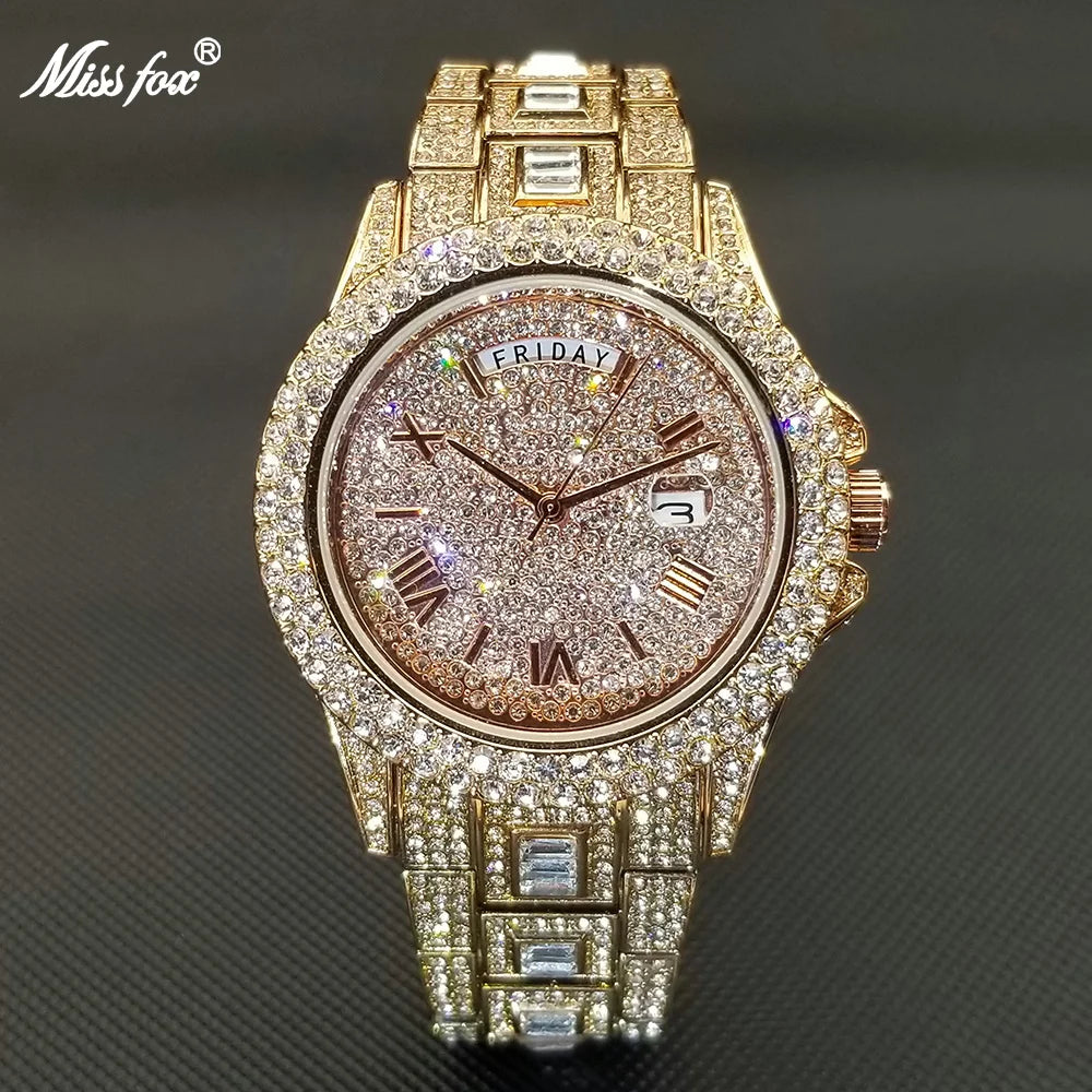 MISSFOX Diamond Mens Watches Luxury Silver.