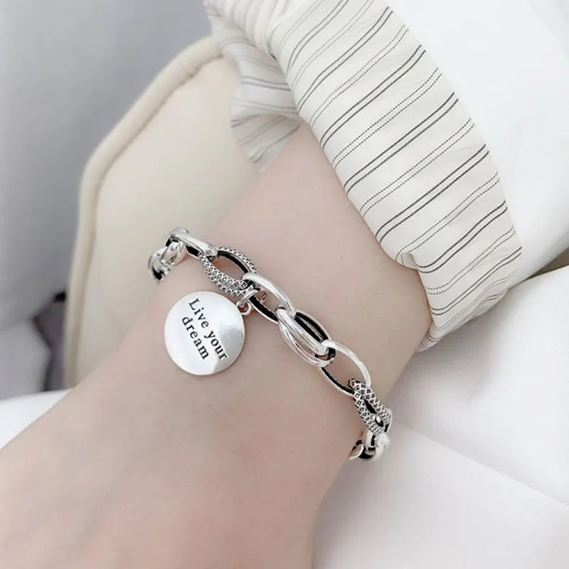 Silver ColorThick Chain Charm Bracelet for Women Vintage English Letter Round Tag Thai Silver Bride Jewelry Gift