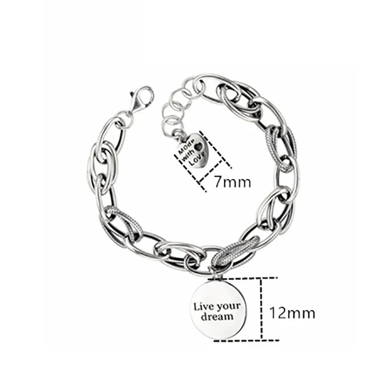 Silver ColorThick Chain Charm Bracelet for Women Vintage English Letter Round Tag Thai Silver Bride Jewelry Gift