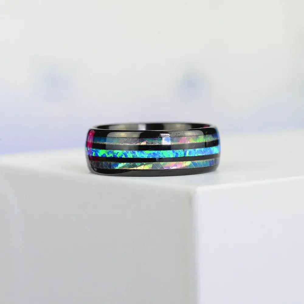 Rose Gold Color Tungsten Wedding Men Stainless Steel Rings Inlay Abalone Shell Blue Opal Rings Men Wedding Jewelry